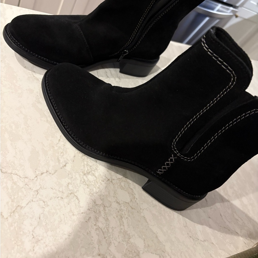 Women's Black Suede Ankle Boots with Contrast Stitching